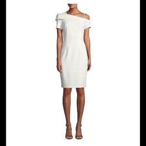 Like new Black Halo brand asymmetrical off the shoulder sexy sheath midi dress